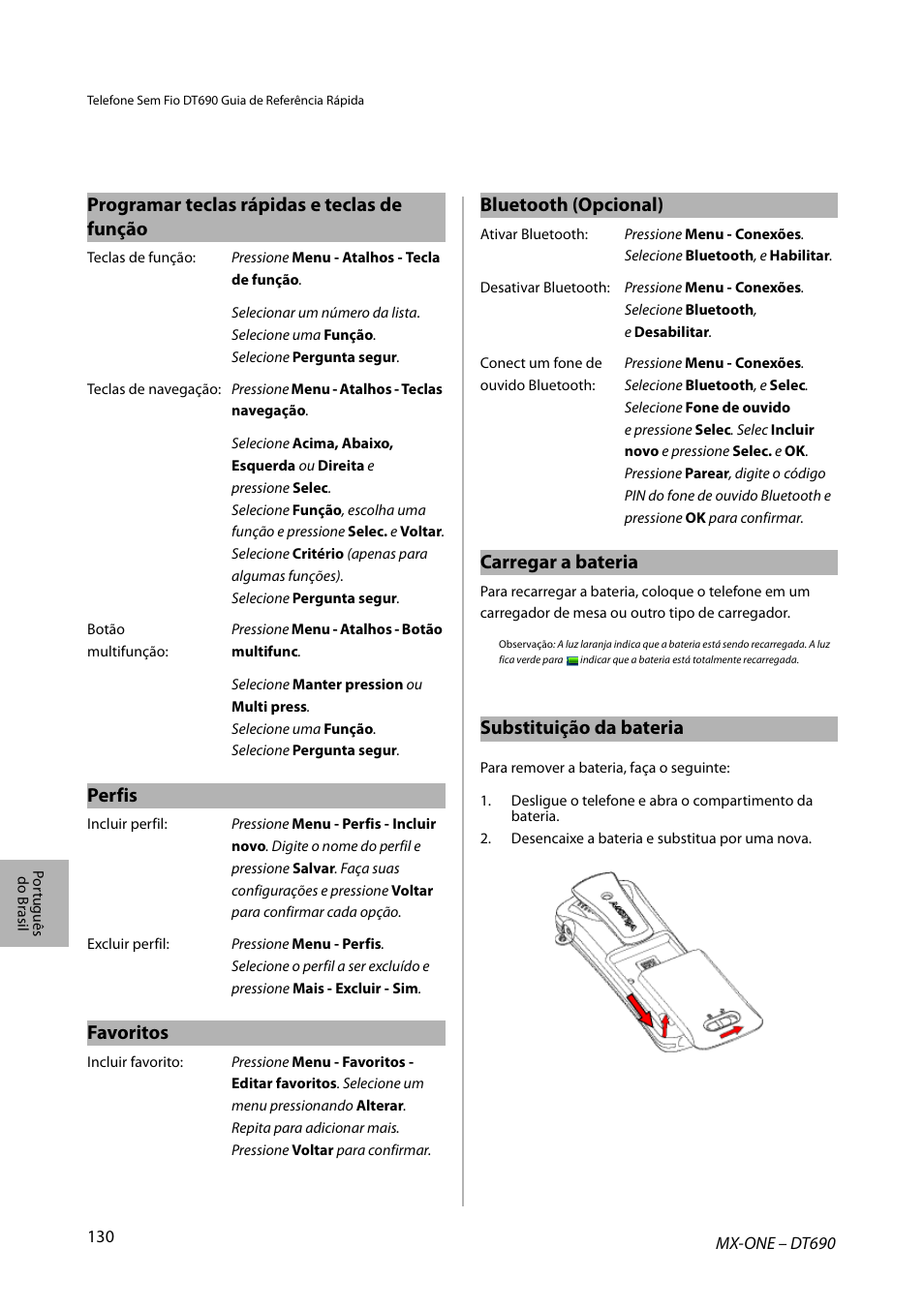 Perfis, Favoritos, Carregar a bateria | Substituição da bateria | AASTRA DT690 for MX-ONE Quick Reference Guide User Manual | Page 130 / 168