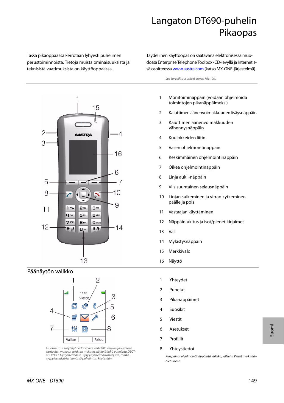 Langaton dt690-puhelin pikaopas, Päänäytön valikko | AASTRA DT690 for MX-ONE Quick Reference Guide User Manual | Page 149 / 168