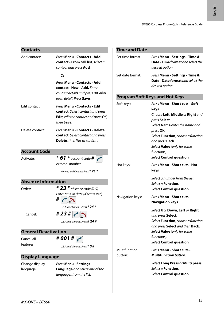 Contacts, Account code, Absence information | General deactivation, Display language, Time and date, Program soft keys and hot keys | AASTRA DT690 for MX-ONE Quick Reference Guide User Manual | Page 15 / 168