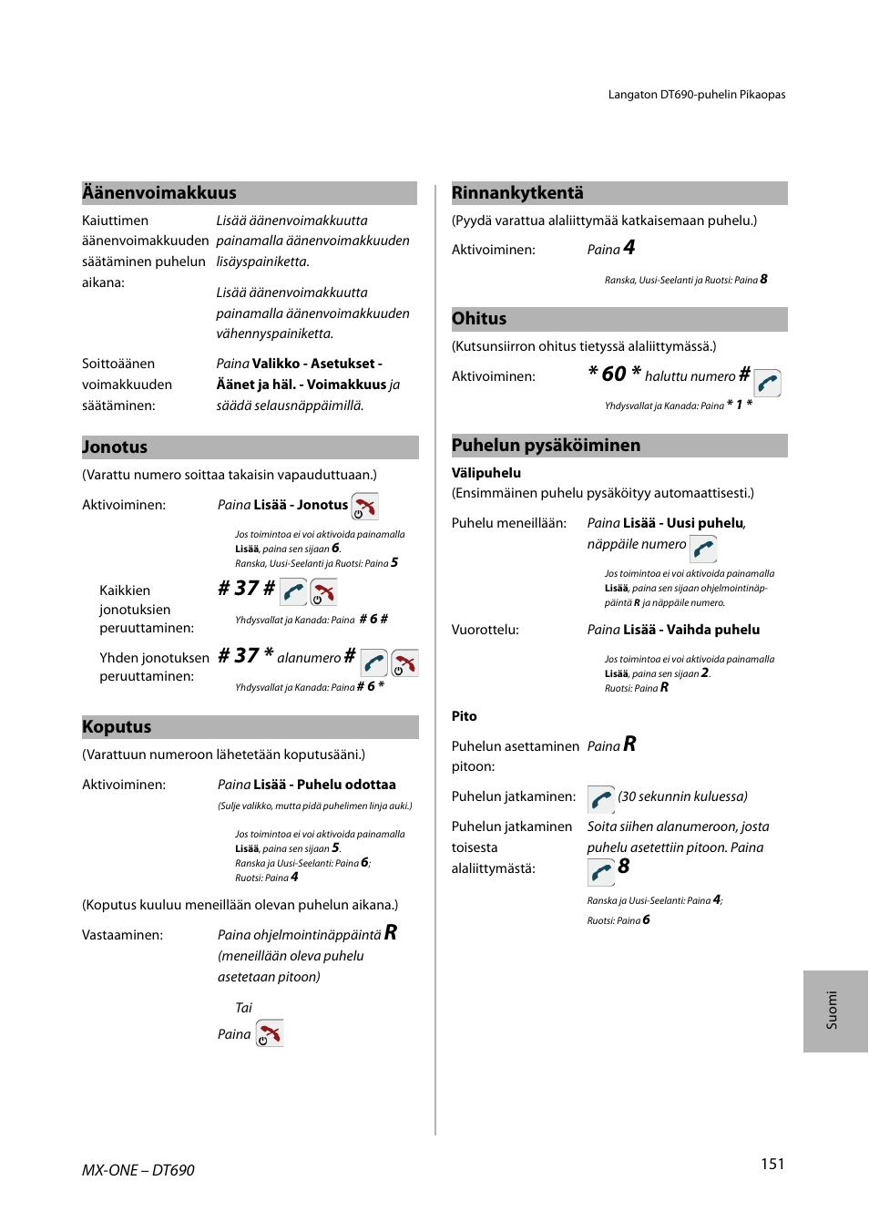 Äänenvoimakkuus, Jonotus, Koputus | Rinnankytkentä, Ohitus, Puhelun pysäköiminen | AASTRA DT690 for MX-ONE Quick Reference Guide User Manual | Page 151 / 168