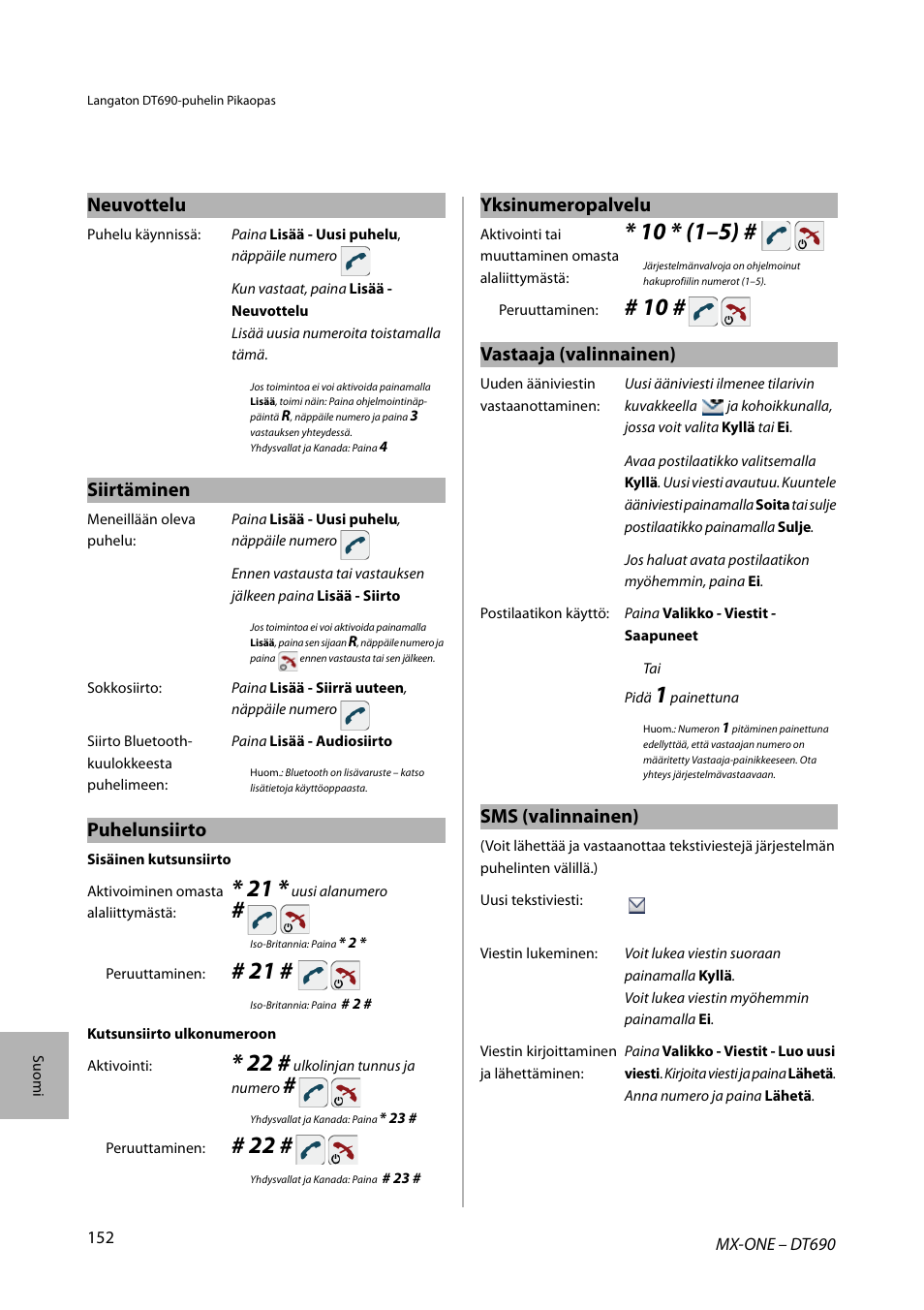 Neuvottelu, Siirtäminen, Puhelunsiirto | Yksinumeropalvelu, Vastaaja (valinnainen), Sms (valinnainen) | AASTRA DT690 for MX-ONE Quick Reference Guide User Manual | Page 152 / 168