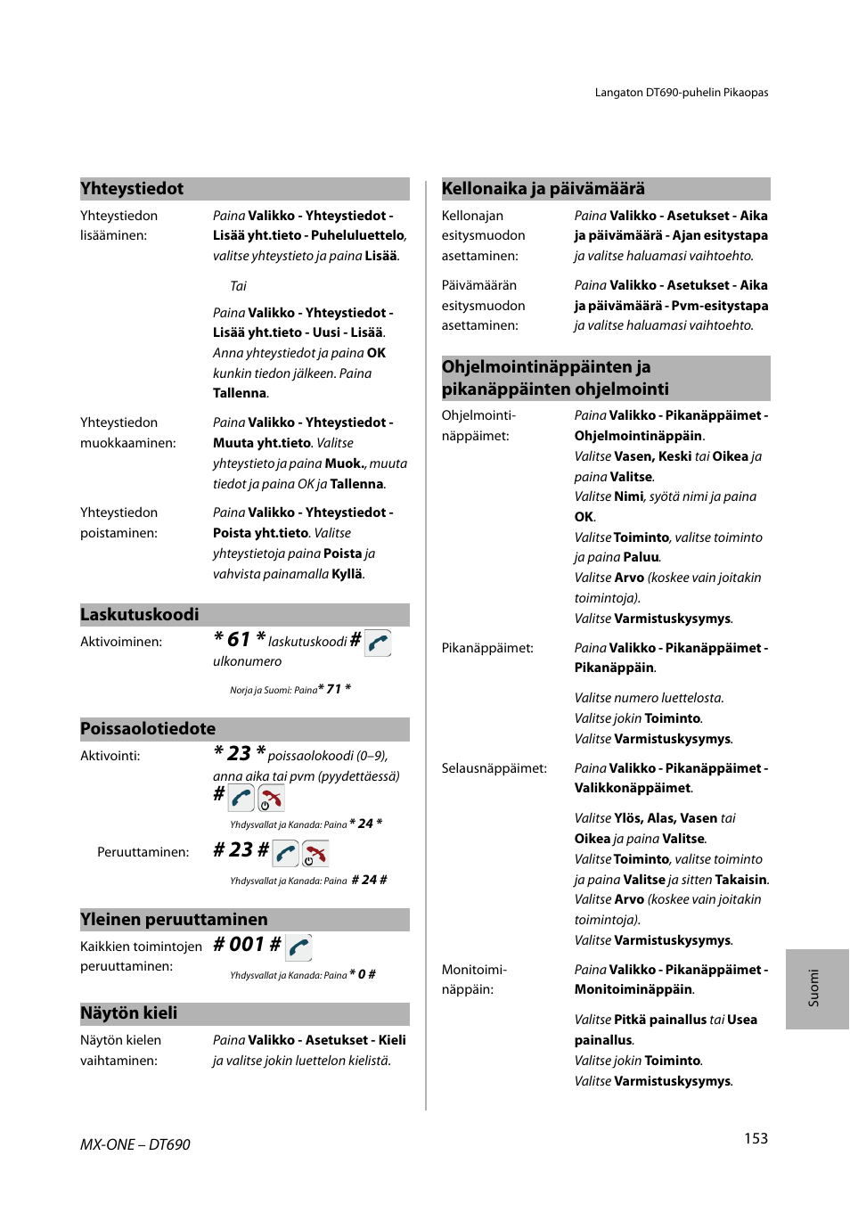 Yhteystiedot, Laskutuskoodi, Poissaolotiedote | Yleinen peruuttaminen, Näytön kieli, Kellonaika ja päivämäärä | AASTRA DT690 for MX-ONE Quick Reference Guide User Manual | Page 153 / 168