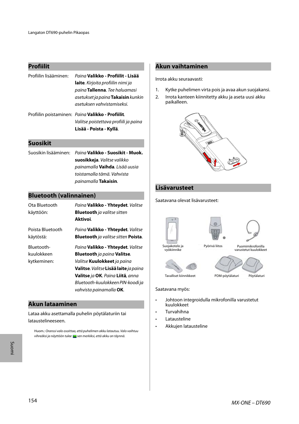 Profiilit, Suosikit, Bluetooth (valinnainen) | Akun lataaminen, Akun vaihtaminen, Lisävarusteet | AASTRA DT690 for MX-ONE Quick Reference Guide User Manual | Page 154 / 168