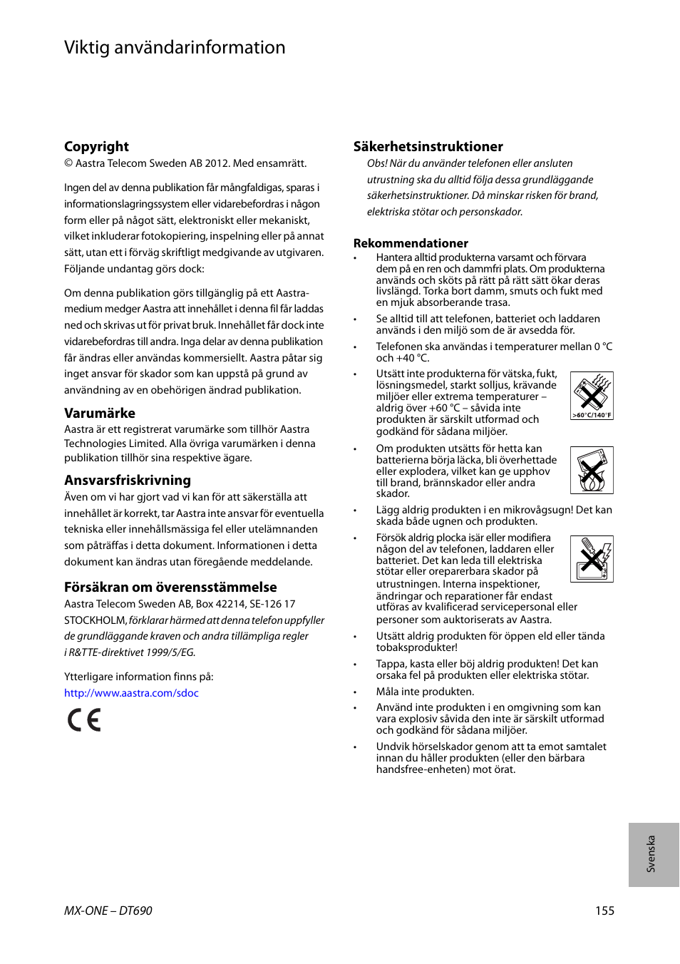 Viktig användarinformation, Svenska, Copyright | Varumärke, Ansvarsfriskrivning, Försäkran om överensstämmelse, Säkerhetsinstruktioner | AASTRA DT690 for MX-ONE Quick Reference Guide User Manual | Page 155 / 168