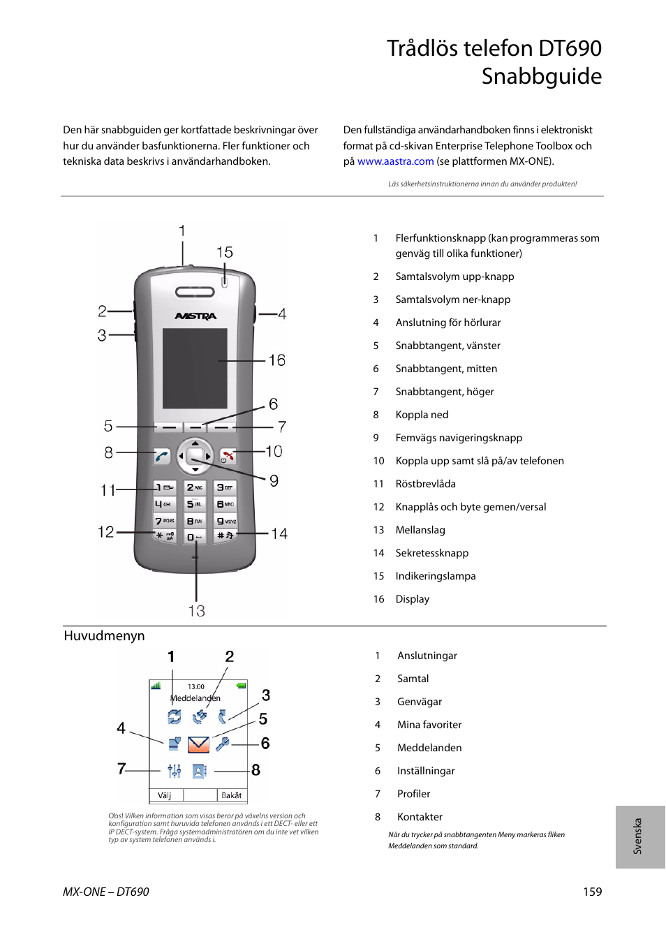 Trådlös telefon dt690 snabbguide, Huvudmenyn | AASTRA DT690 for MX-ONE Quick Reference Guide User Manual | Page 159 / 168