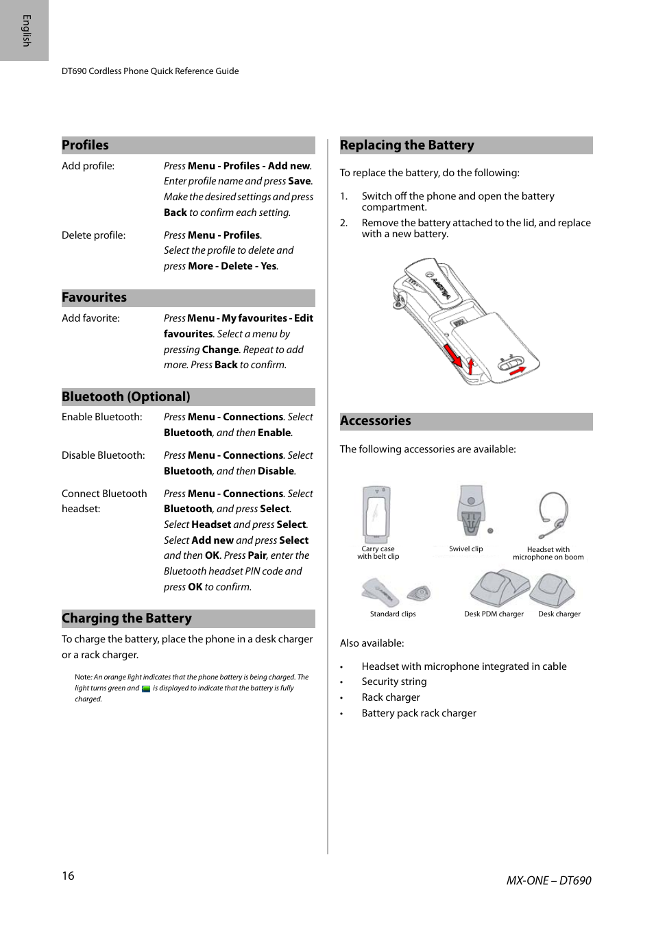 Profiles, Favourites, Bluetooth (optional) | Charging the battery, Replacing the battery, Accessories | AASTRA DT690 for MX-ONE Quick Reference Guide User Manual | Page 16 / 168