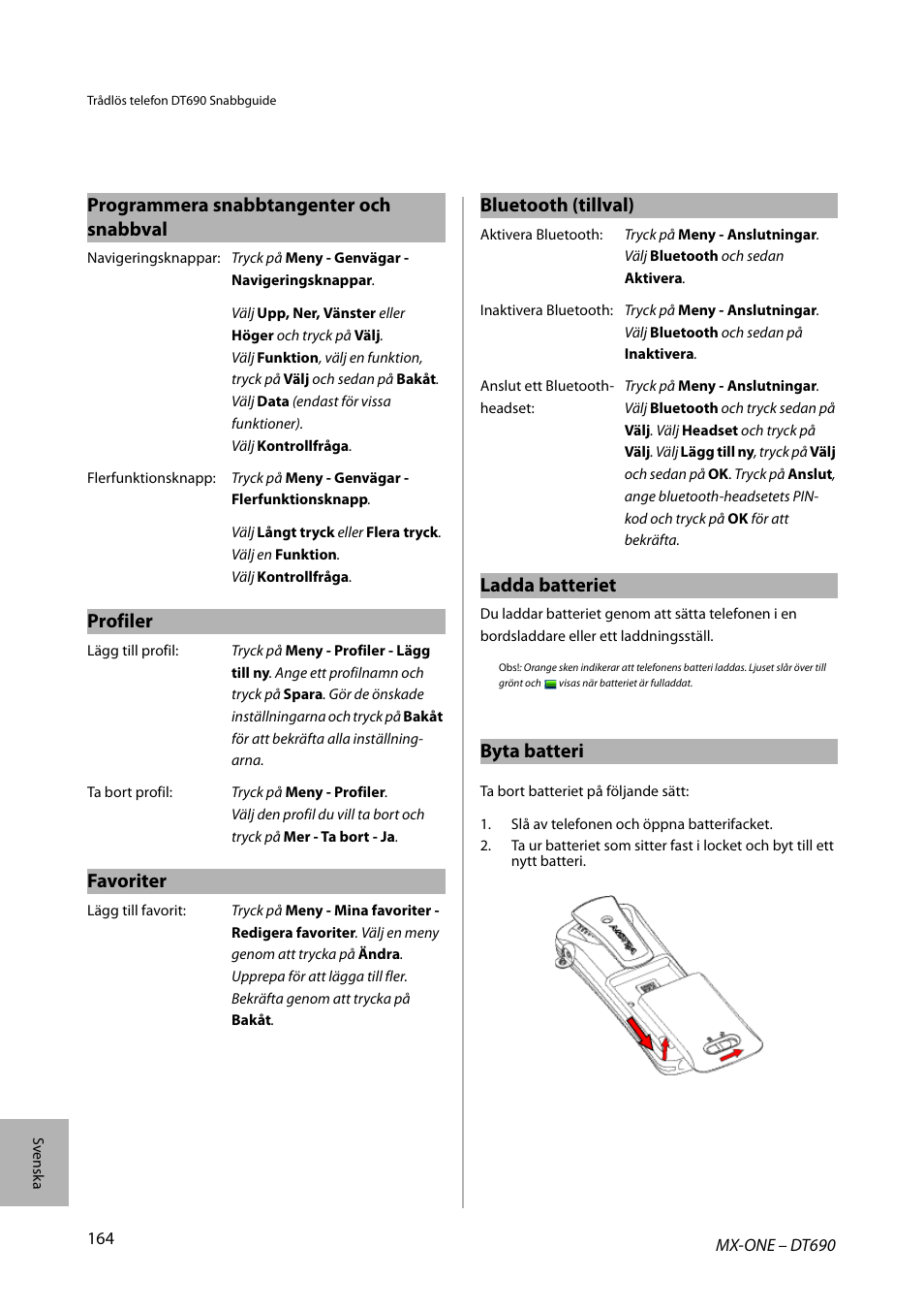 Profiler, Favoriter, Ladda batteriet | Byta batteri | AASTRA DT690 for MX-ONE Quick Reference Guide User Manual | Page 164 / 168