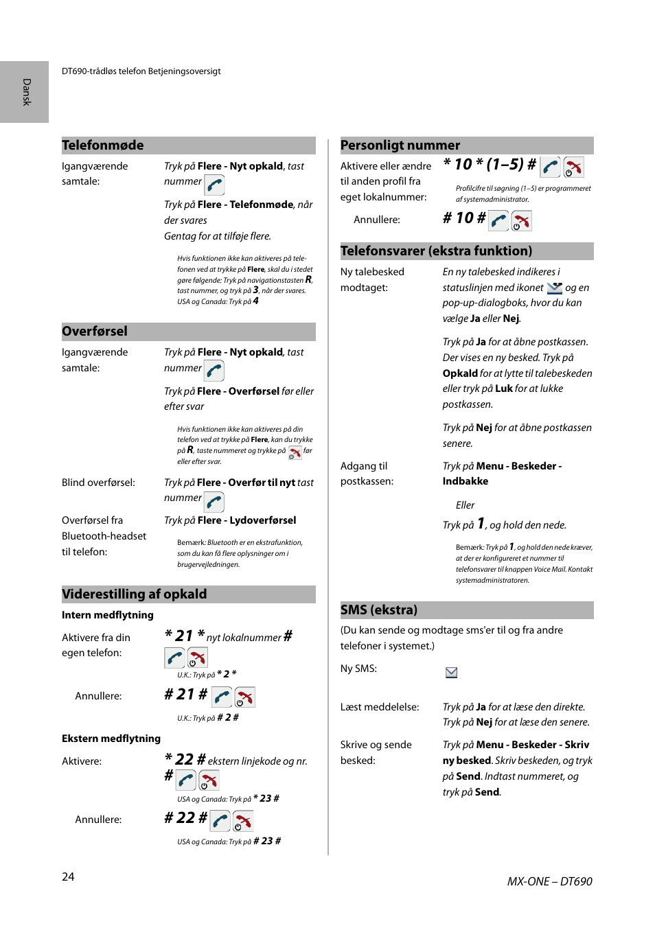 Telefonmøde, Overførsel, Viderestilling af opkald | Personligt nummer, Telefonsvarer (ekstra funktion), Sms (ekstra) | AASTRA DT690 for MX-ONE Quick Reference Guide User Manual | Page 24 / 168