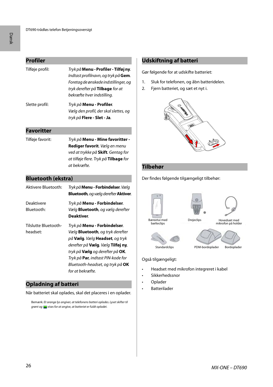 Profiler, Favoritter, Bluetooth (ekstra) | Opladning af batteri, Udskiftning af batteri, Tilbehør | AASTRA DT690 for MX-ONE Quick Reference Guide User Manual | Page 26 / 168