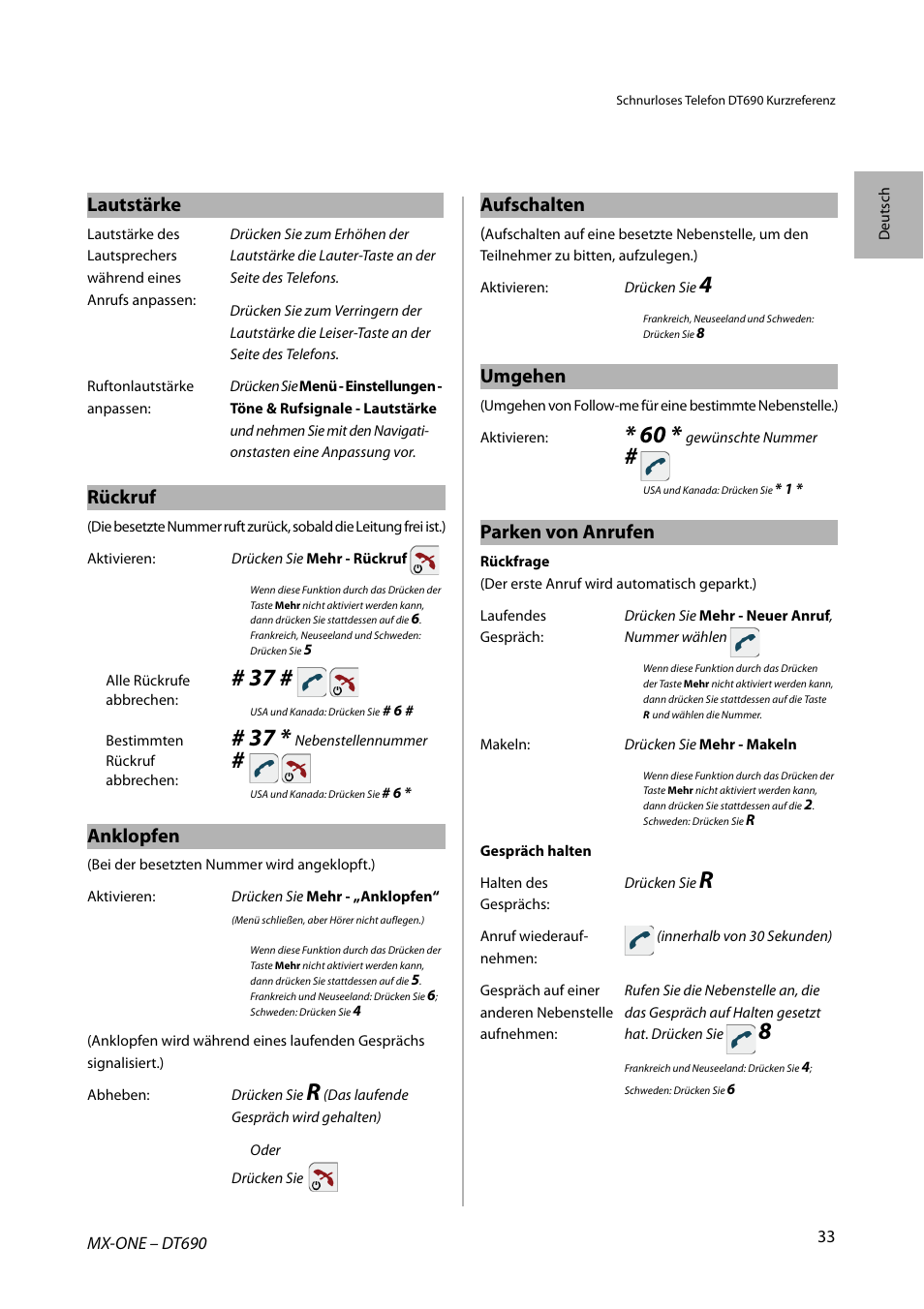 Lautstärke, Rückruf, Anklopfen | Aufschalten, Umgehen, Parken von anrufen | AASTRA DT690 for MX-ONE Quick Reference Guide User Manual | Page 33 / 168