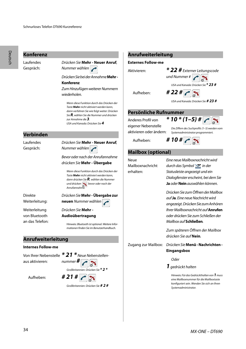 Konferenz, Verbinden, Anrufweiterleitung | Persönliche rufnummer, Mailbox (optional) | AASTRA DT690 for MX-ONE Quick Reference Guide User Manual | Page 34 / 168