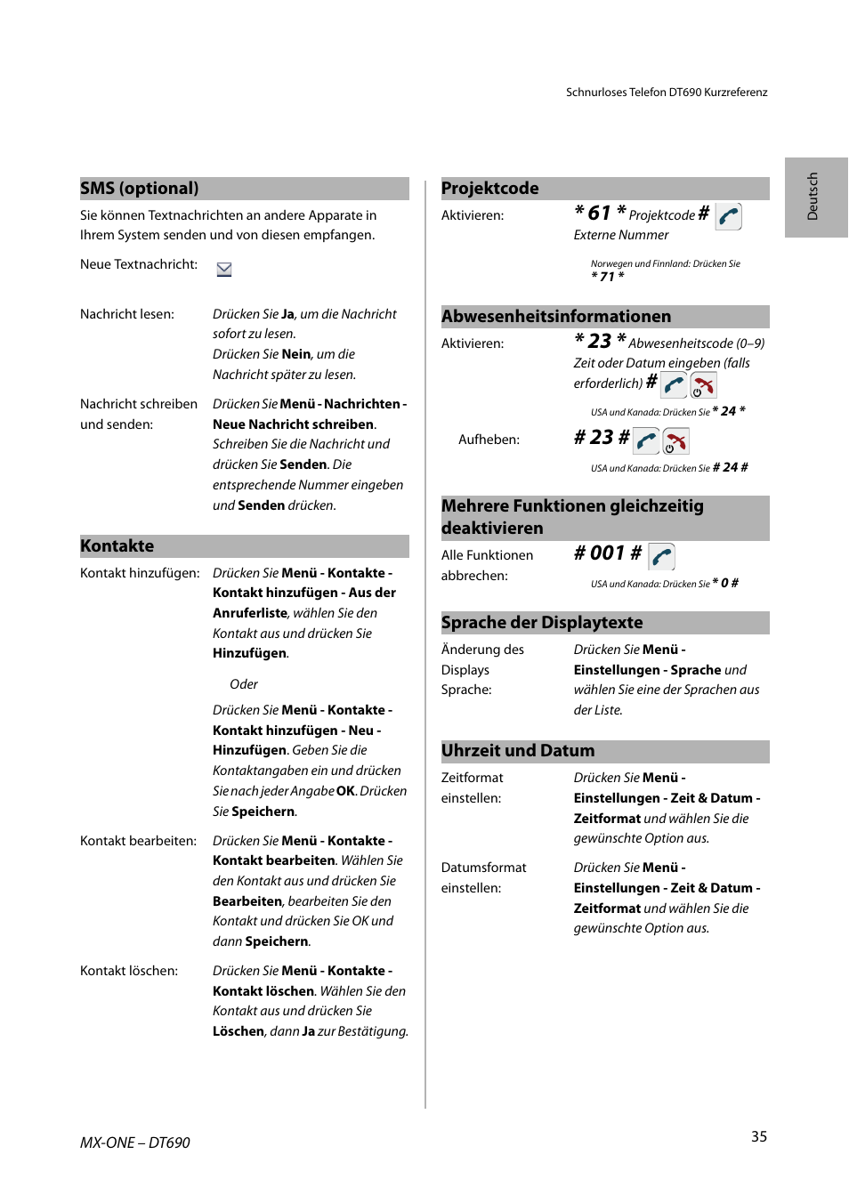 Sms (optional), Kontakte, Projektcode | Abwesenheitsinformationen, Mehrere funktionen gleichzeitig deaktivieren, Sprache der displaytexte, Uhrzeit und datum | AASTRA DT690 for MX-ONE Quick Reference Guide User Manual | Page 35 / 168