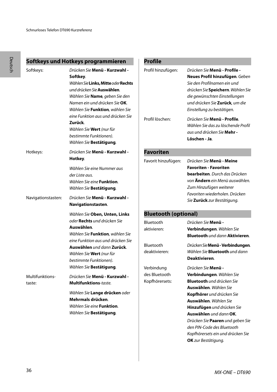 Softkeys und hotkeys programmieren, Profile, Favoriten | Bluetooth (optional) | AASTRA DT690 for MX-ONE Quick Reference Guide User Manual | Page 36 / 168