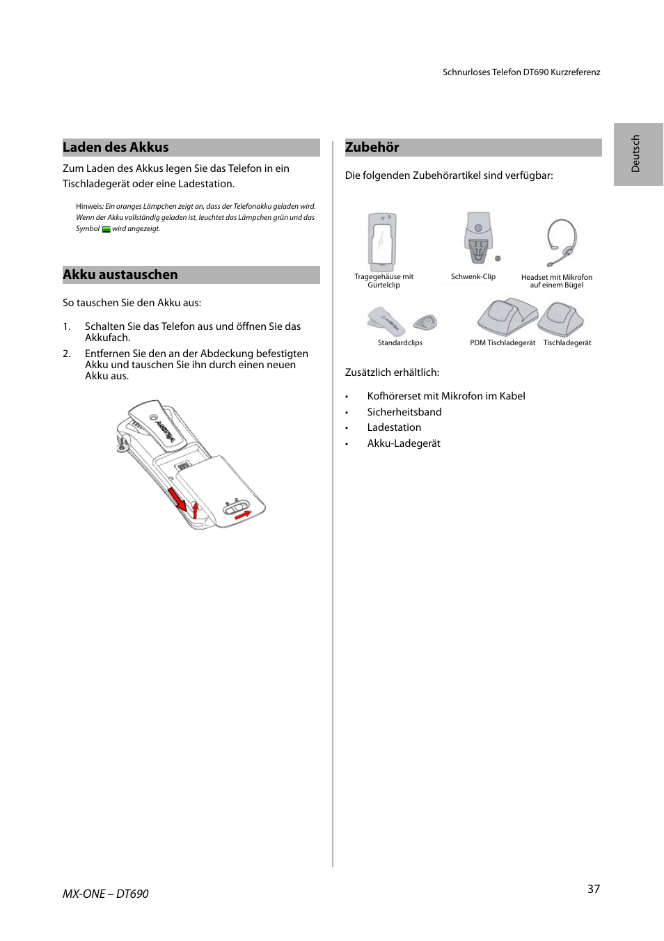 Laden des akkus, Akku austauschen, Zubehör | AASTRA DT690 for MX-ONE Quick Reference Guide User Manual | Page 37 / 168