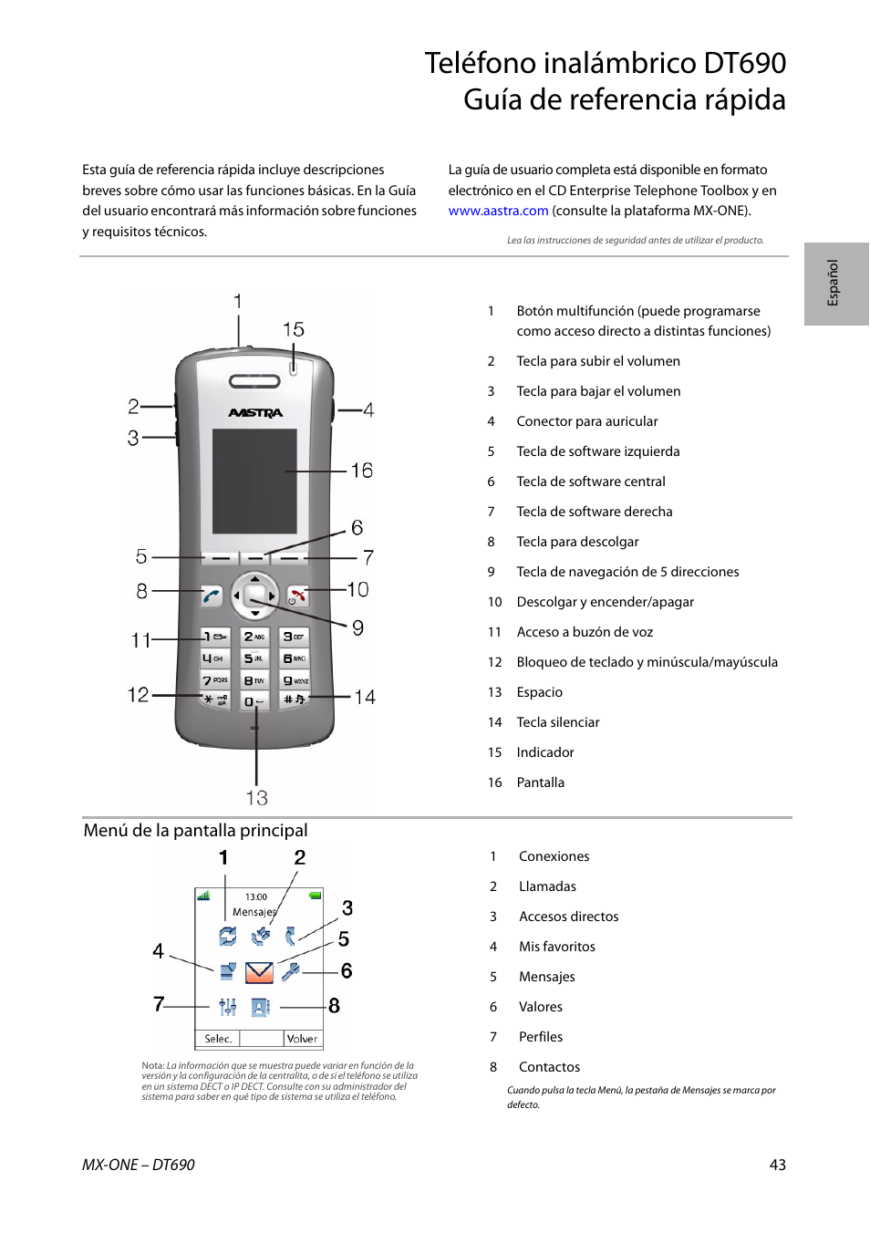 Menú de la pantalla principal | AASTRA DT690 for MX-ONE Quick Reference Guide User Manual | Page 43 / 168