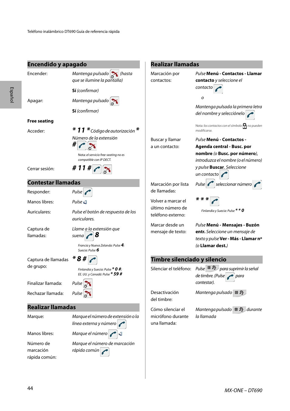 Encendido y apagado, Contestar llamadas, Realizar llamadas | Timbre silenciado y silencio | AASTRA DT690 for MX-ONE Quick Reference Guide User Manual | Page 44 / 168