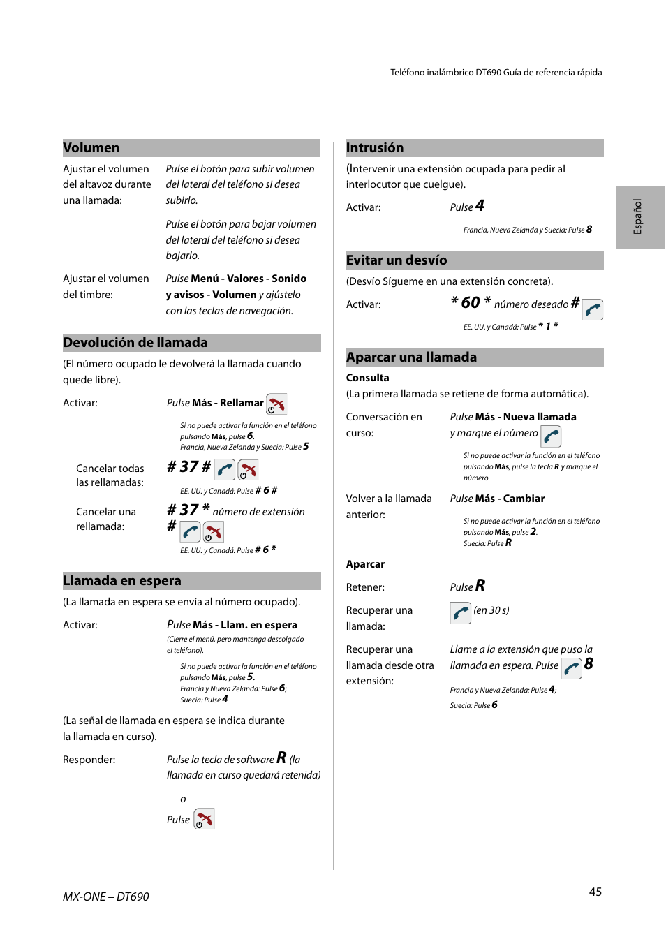 Volumen, Devolución de llamada, Llamada en espera | Intrusión, Evitar un desvío, Aparcar una llamada | AASTRA DT690 for MX-ONE Quick Reference Guide User Manual | Page 45 / 168