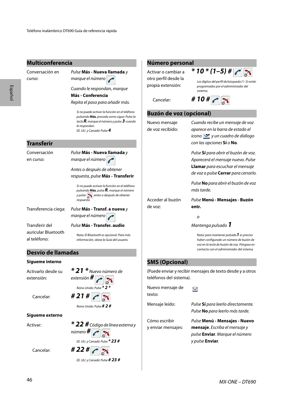 Multiconferencia, Transferir, Desvío de llamadas | Número personal, Buzón de voz (opcional), Sms (opcional) | AASTRA DT690 for MX-ONE Quick Reference Guide User Manual | Page 46 / 168