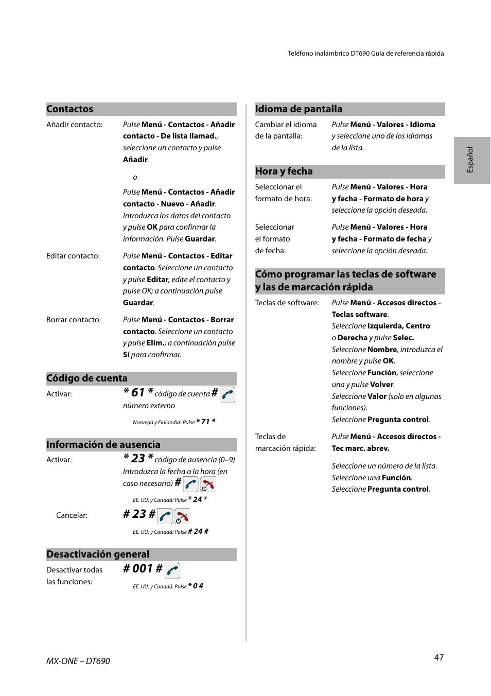 Contactos, Código de cuenta, Información de ausencia | Desactivación general, Idioma de pantalla, Hora y fecha | AASTRA DT690 for MX-ONE Quick Reference Guide User Manual | Page 47 / 168