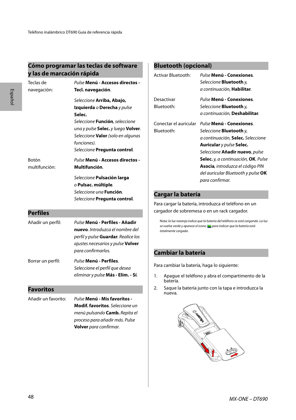 Perfiles, Favoritos, Cargar la batería | Cambiar la batería | AASTRA DT690 for MX-ONE Quick Reference Guide User Manual | Page 48 / 168
