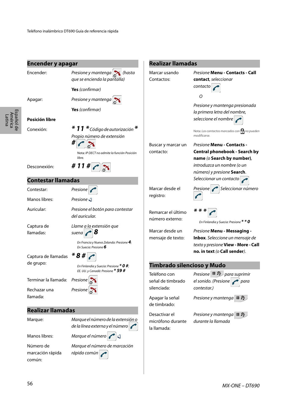 Encender y apagar, Contestar llamadas, Realizar llamadas | Timbrado silencioso y mudo | AASTRA DT690 for MX-ONE Quick Reference Guide User Manual | Page 56 / 168