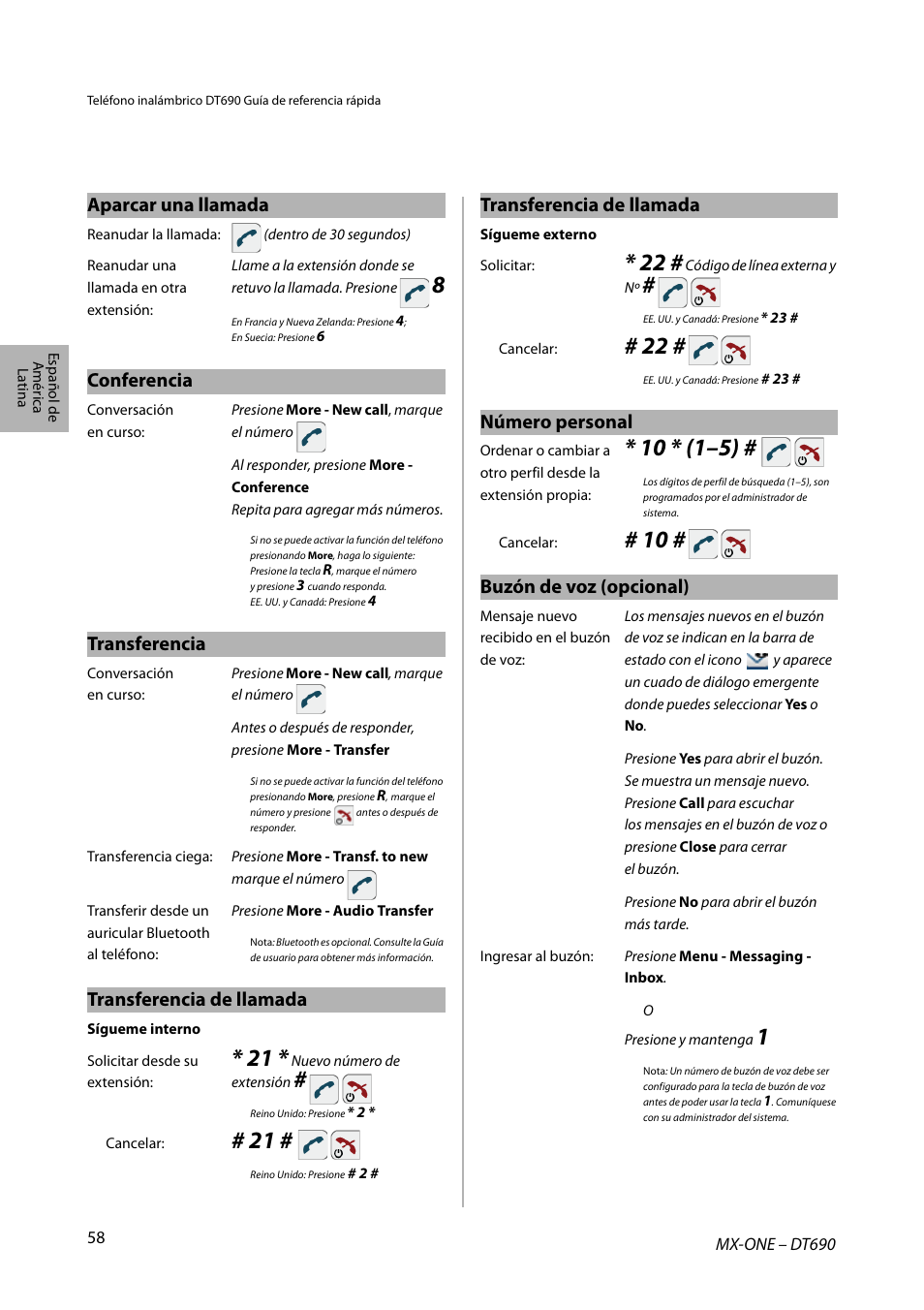 Conferencia, Transferencia, Transferencia de llamada | Aparcar una llamada, Número personal, Buzón de voz (opcional) | AASTRA DT690 for MX-ONE Quick Reference Guide User Manual | Page 58 / 168