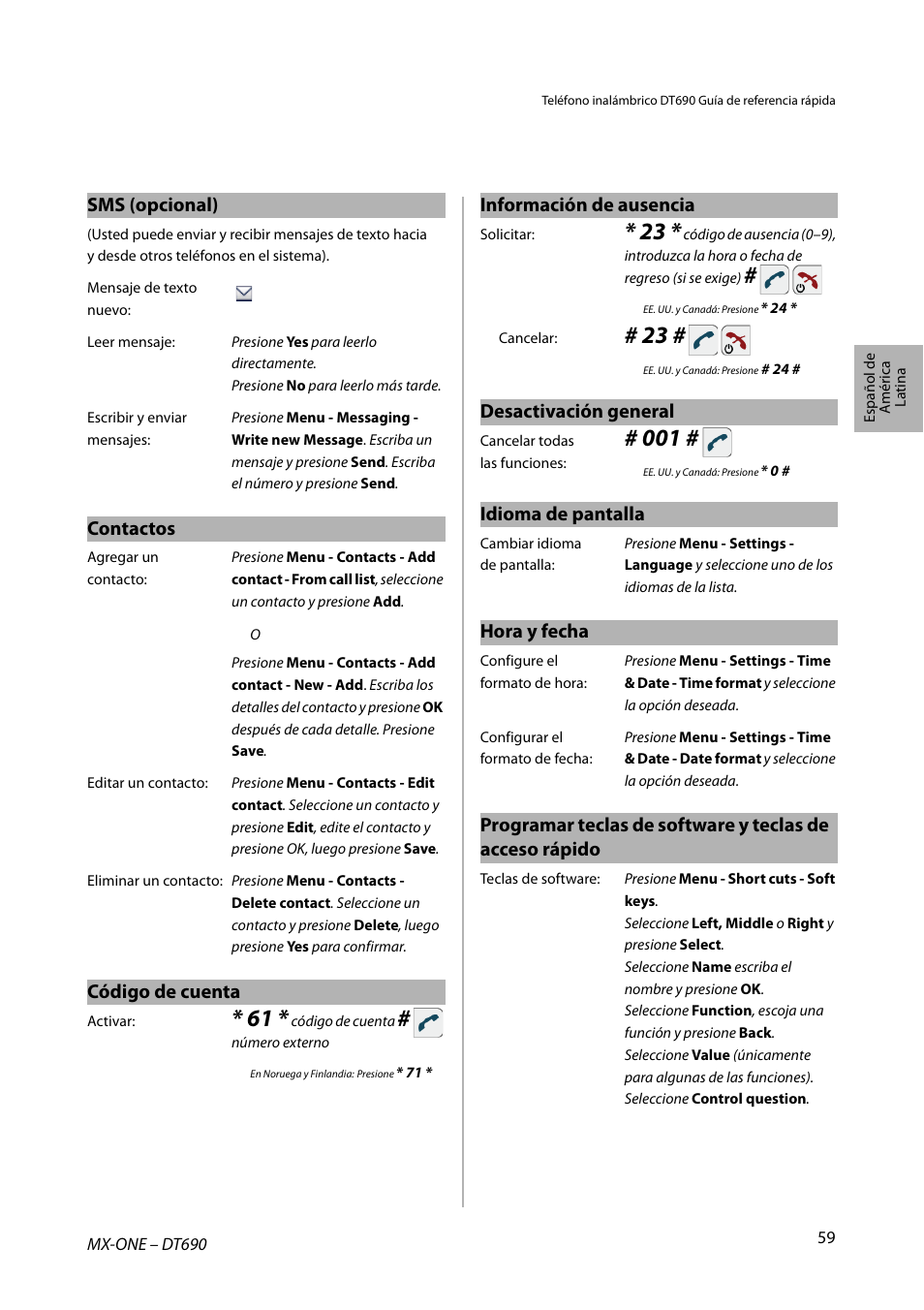 Sms (opcional), Contactos, Código de cuenta | Información de ausencia, Desactivación general, Idioma de pantalla, Hora y fecha | AASTRA DT690 for MX-ONE Quick Reference Guide User Manual | Page 59 / 168