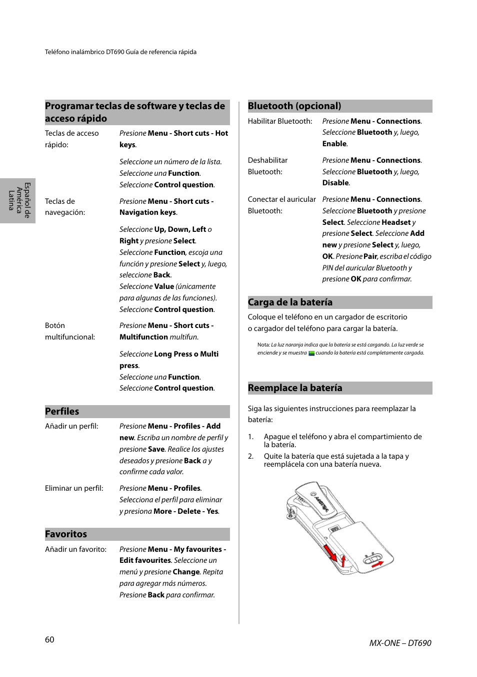 Perfiles, Favoritos, Carga de la batería | Reemplace la batería | AASTRA DT690 for MX-ONE Quick Reference Guide User Manual | Page 60 / 168