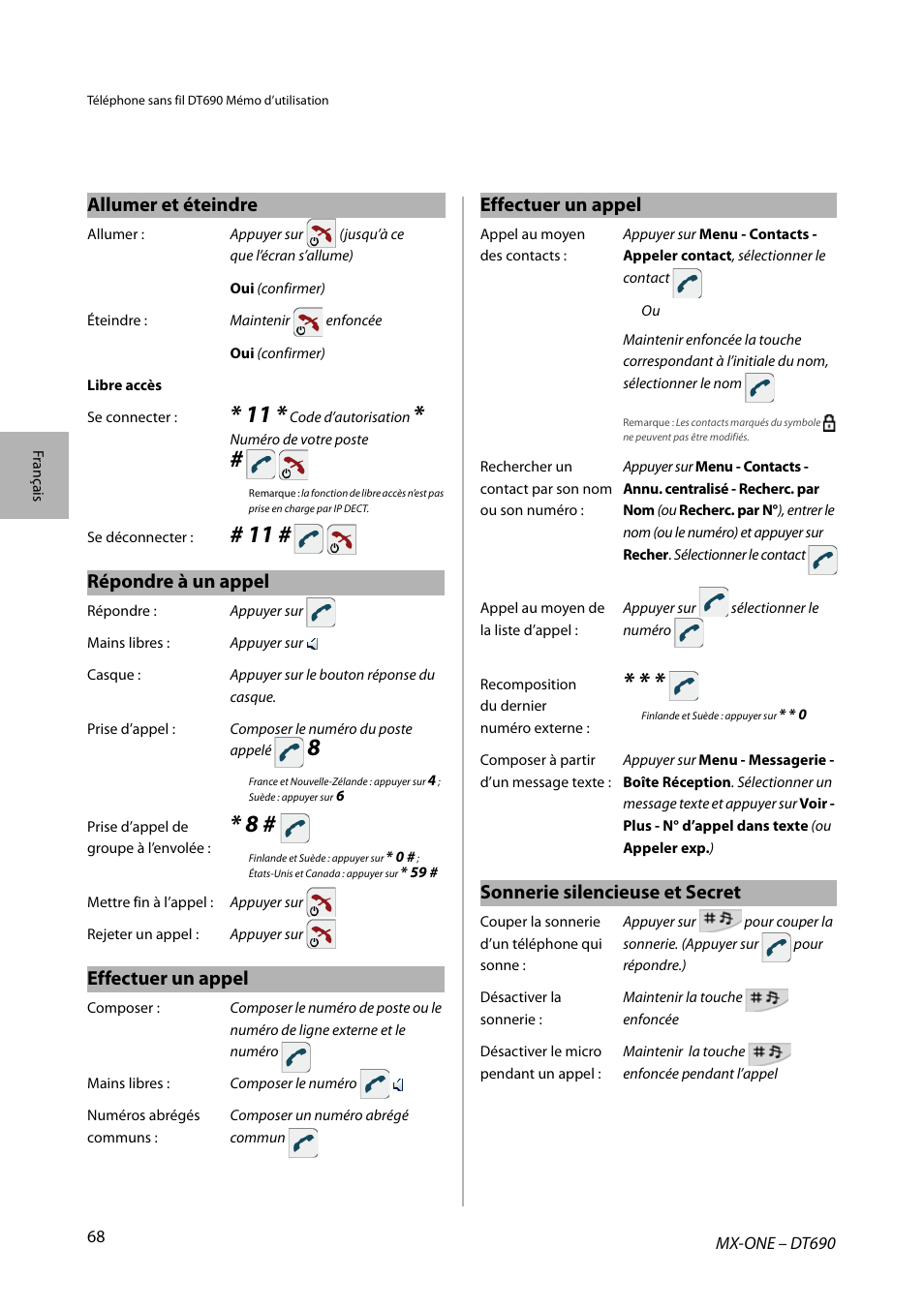 Allumer et éteindre, Répondre à un appel, Effectuer un appel | Sonnerie silencieuse et secret | AASTRA DT690 for MX-ONE Quick Reference Guide User Manual | Page 68 / 168