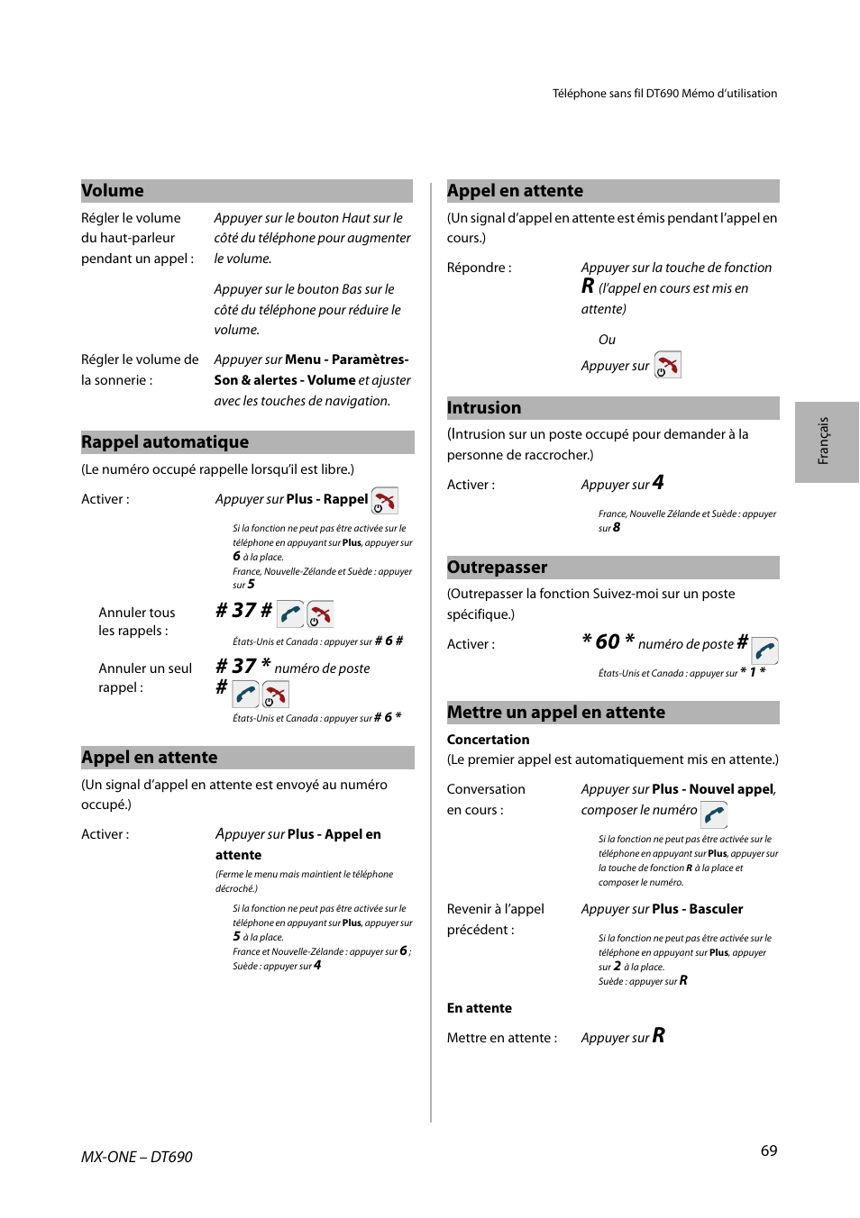 Volume, Rappel automatique, Appel en attente | Intrusion, Outrepasser, Mettre un appel en attente | AASTRA DT690 for MX-ONE Quick Reference Guide User Manual | Page 69 / 168