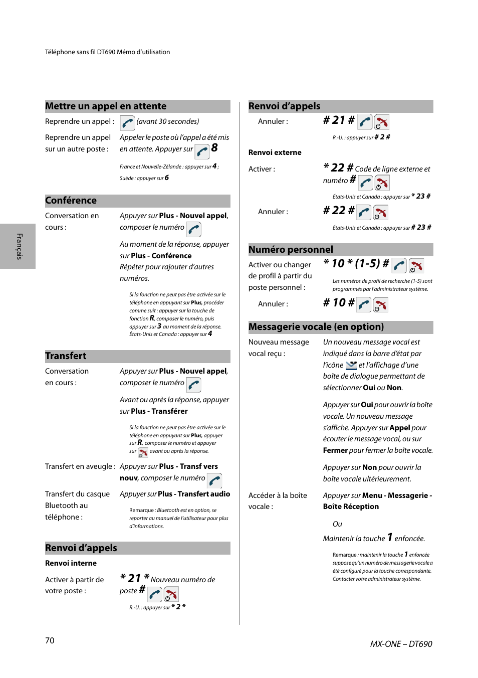 Conférence, Transfert, Renvoi d’appels | Mettre un appel en attente, Numéro personnel, Messagerie vocale (en option) | AASTRA DT690 for MX-ONE Quick Reference Guide User Manual | Page 70 / 168