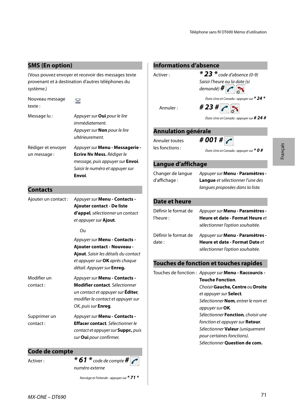 Sms (en option), Contacts, Code de compte | Informations d’absence, Annulation générale, Langue d’affichage, Date et heure, Touches de fonction et touches rapides | AASTRA DT690 for MX-ONE Quick Reference Guide User Manual | Page 71 / 168