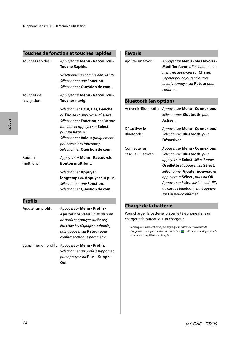 Profils, Touches de fonction et touches rapides favoris, Bluetooth (en option) | Charge de la batterie | AASTRA DT690 for MX-ONE Quick Reference Guide User Manual | Page 72 / 168