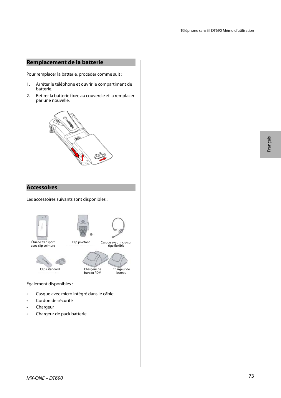 Remplacement de la batterie, Accessoires | AASTRA DT690 for MX-ONE Quick Reference Guide User Manual | Page 73 / 168
