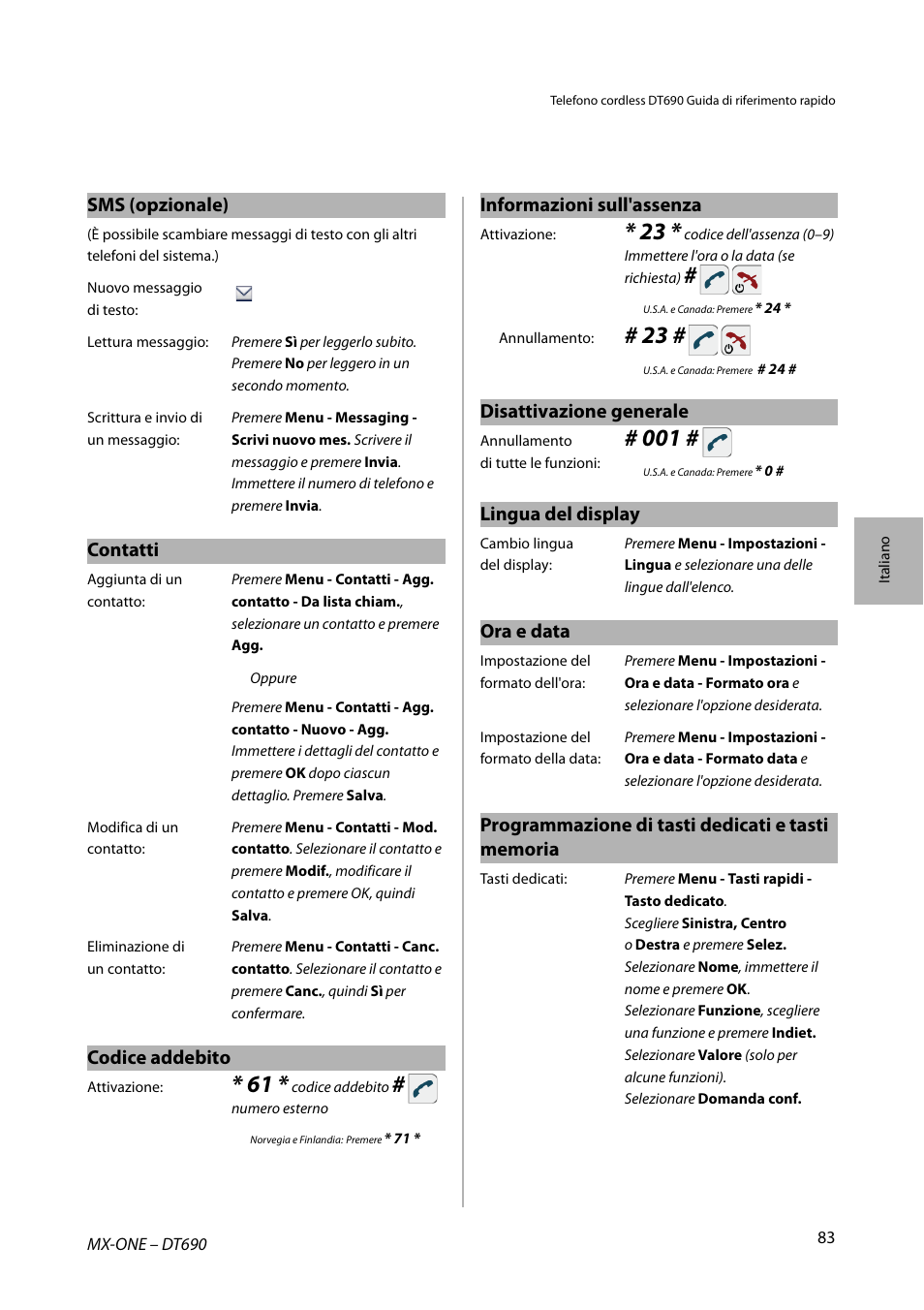 Sms (opzionale), Contatti, Codice addebito | Informazioni sull'assenza, Disattivazione generale, Lingua del display, Ora e data | AASTRA DT690 for MX-ONE Quick Reference Guide User Manual | Page 83 / 168