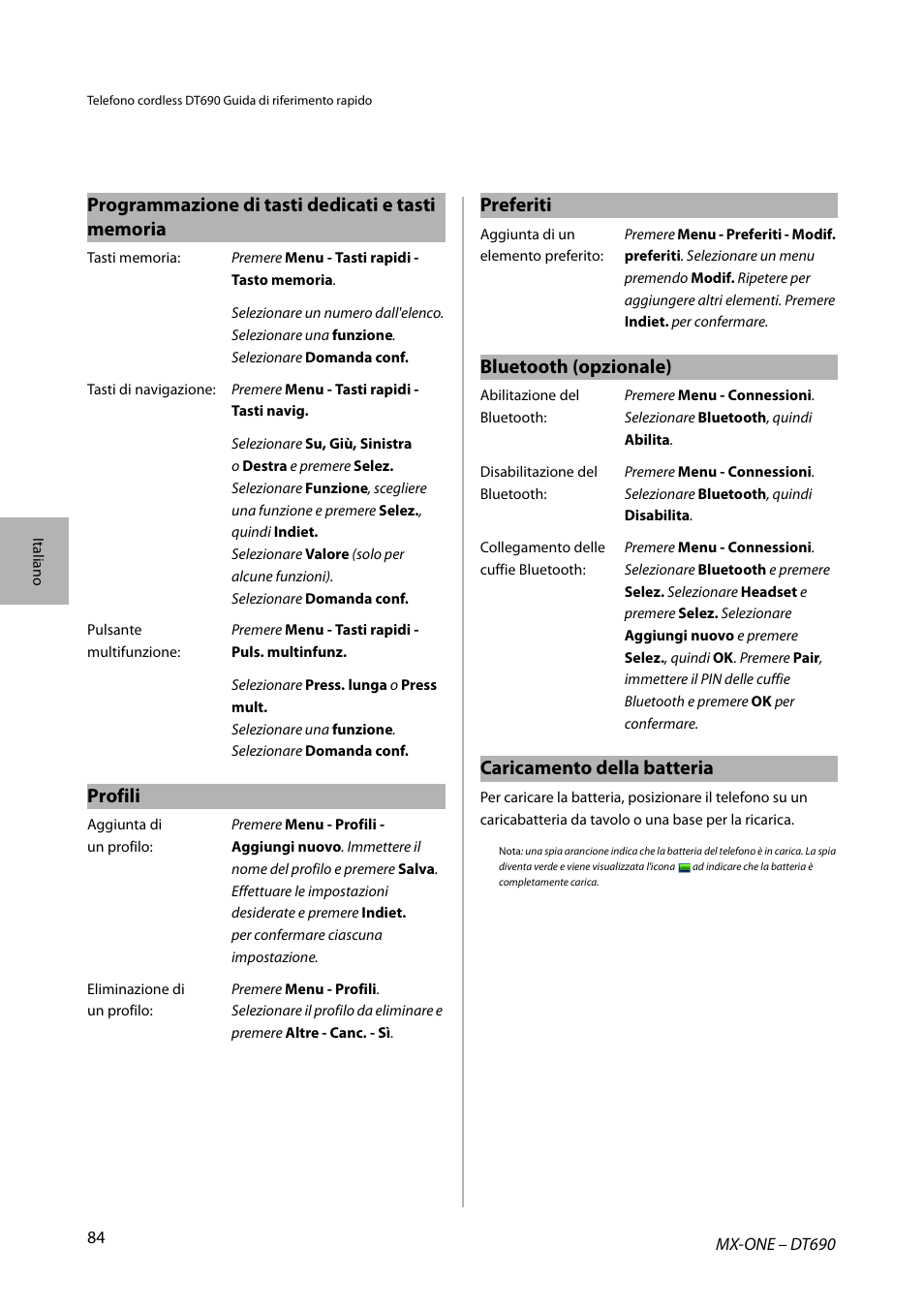 Profili, Bluetooth (opzionale), Caricamento della batteria | AASTRA DT690 for MX-ONE Quick Reference Guide User Manual | Page 84 / 168