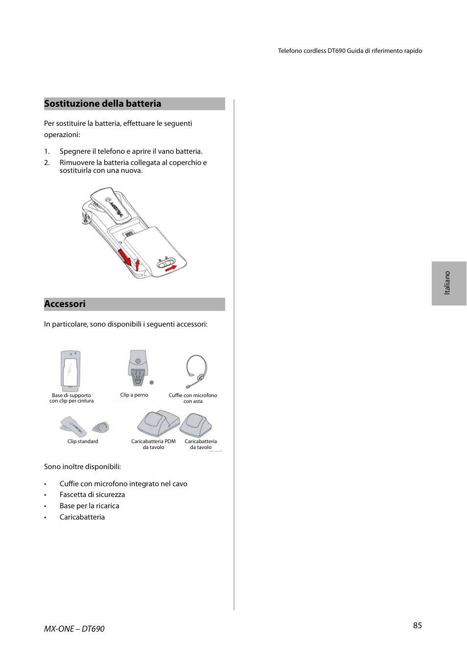Sostituzione della batteria, Accessori | AASTRA DT690 for MX-ONE Quick Reference Guide User Manual | Page 85 / 168