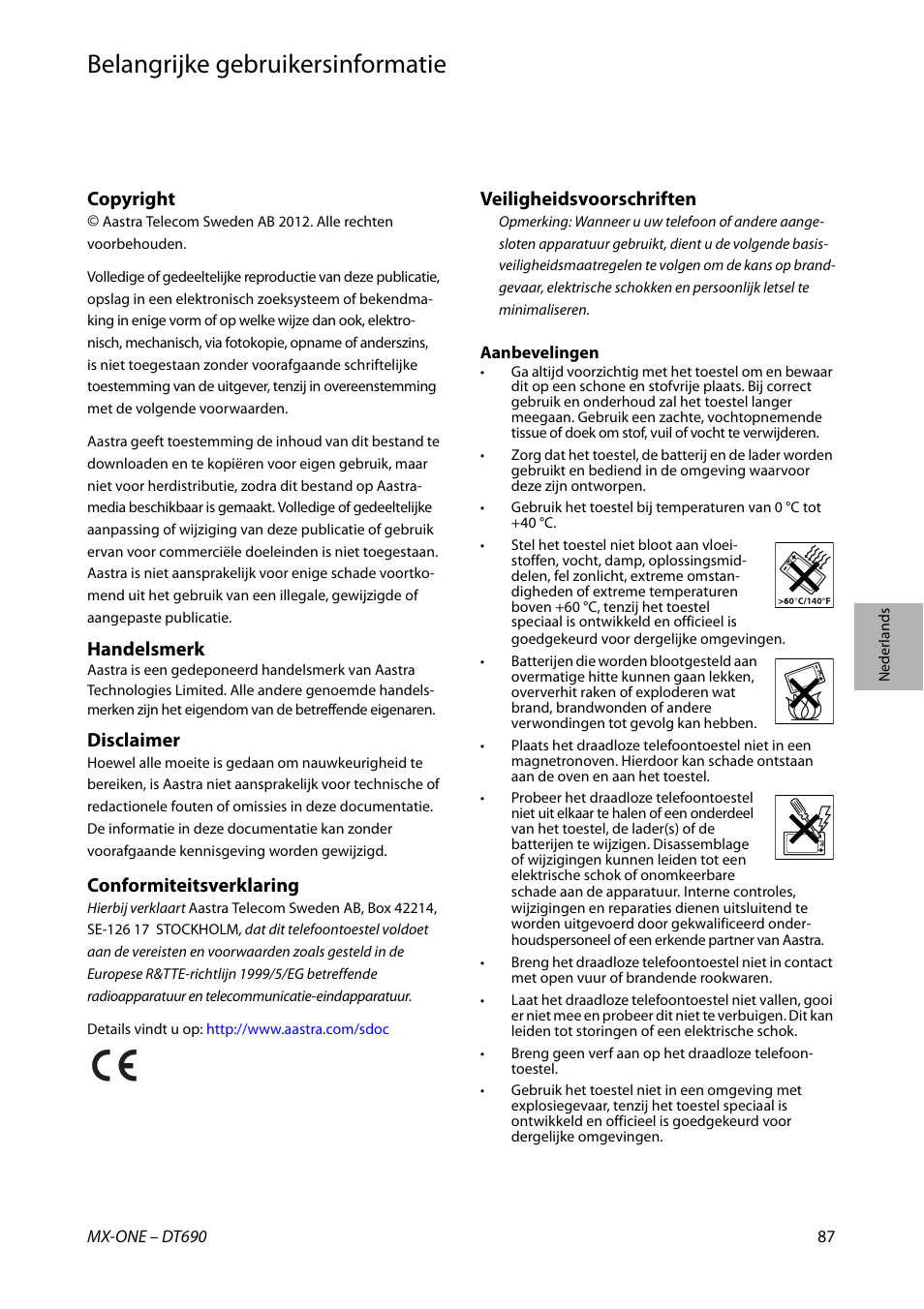 Belangrijke gebruikersinformatie, Nederlands, Copyright | Handelsmerk, Disclaimer, Conformiteitsverklaring, Veiligheidsvoorschriften | AASTRA DT690 for MX-ONE Quick Reference Guide User Manual | Page 87 / 168