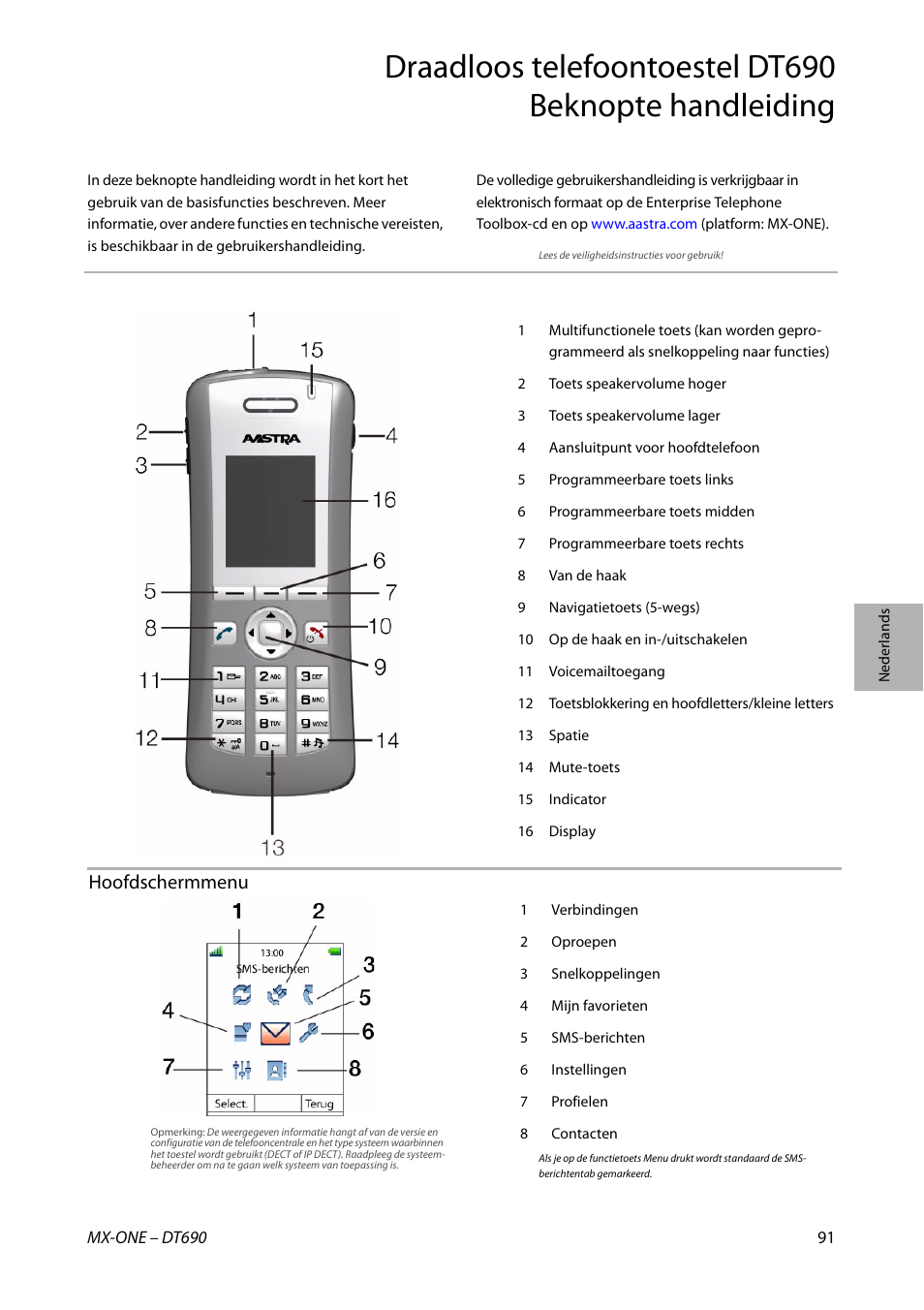 Hoofdschermmenu | AASTRA DT690 for MX-ONE Quick Reference Guide User Manual | Page 91 / 168