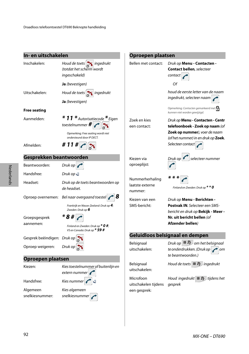 In- en uitschakelen, Gesprekken beantwoorden, Oproepen plaatsen | Geluidloos belsignaal en dempen | AASTRA DT690 for MX-ONE Quick Reference Guide User Manual | Page 92 / 168