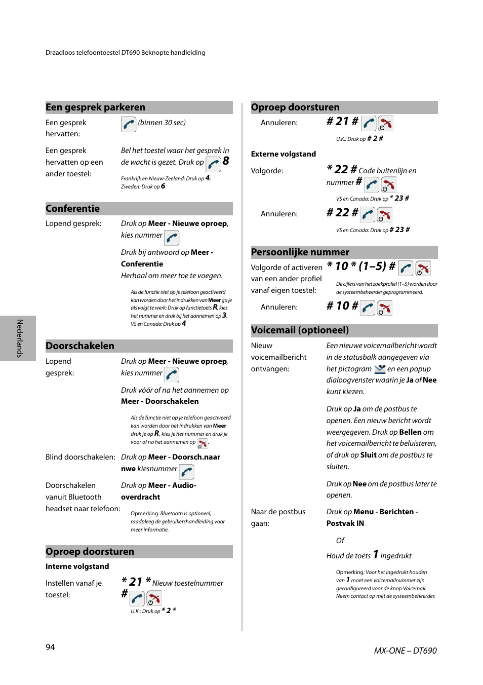 Conferentie, Doorschakelen, Oproep doorsturen | Een gesprek parkeren, Persoonlijke nummer, Voicemail (optioneel) | AASTRA DT690 for MX-ONE Quick Reference Guide User Manual | Page 94 / 168