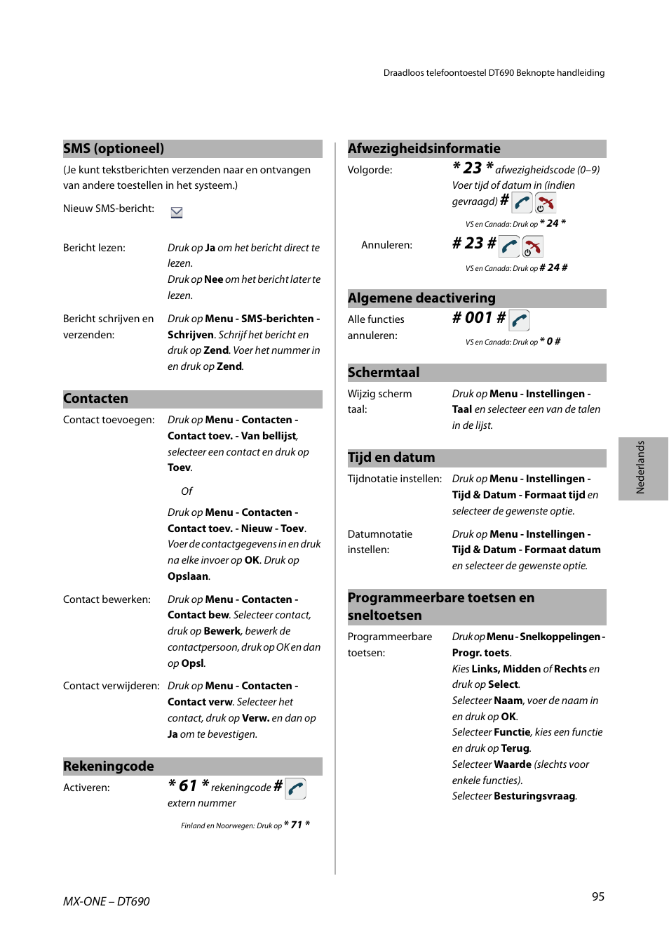 Sms (optioneel), Contacten, Rekeningcode | Afwezigheidsinformatie, Algemene deactivering, Schermtaal, Tijd en datum, Programmeerbare toetsen en sneltoetsen | AASTRA DT690 for MX-ONE Quick Reference Guide User Manual | Page 95 / 168