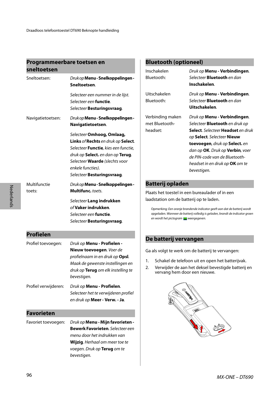 Profielen, Favorieten, Batterij opladen | De batterij vervangen | AASTRA DT690 for MX-ONE Quick Reference Guide User Manual | Page 96 / 168
