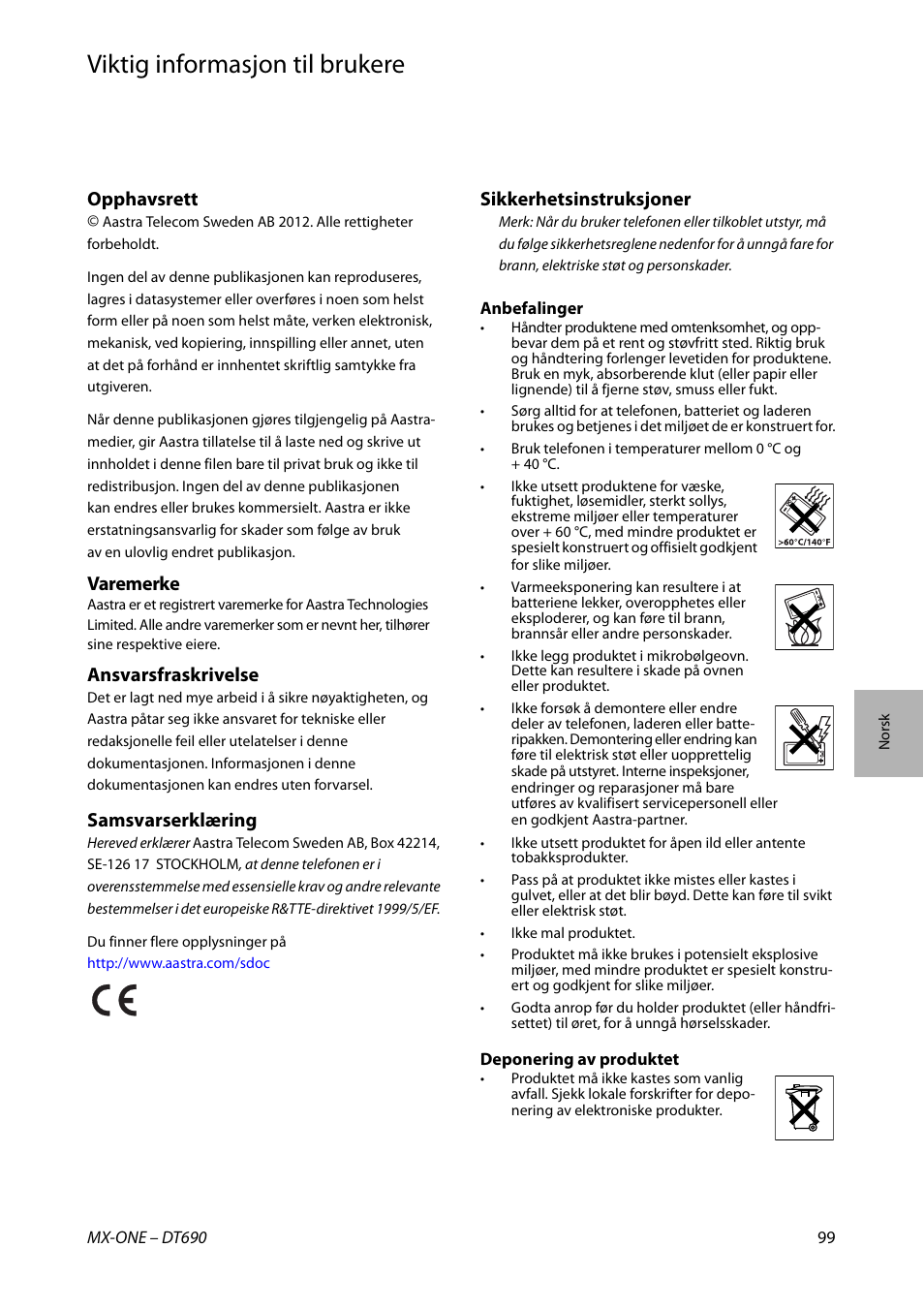 Viktig informasjon til brukere, Norsk, Opphavsrett | Varemerke, Ansvarsfraskrivelse, Samsvarserklæring, Sikkerhetsinstruksjoner | AASTRA DT690 for MX-ONE Quick Reference Guide User Manual | Page 99 / 168