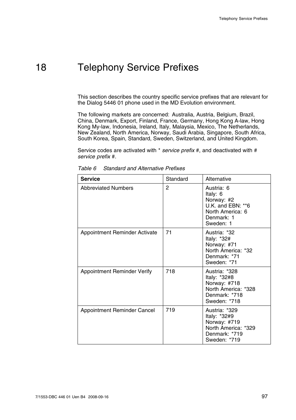 18 telephony service prefixes, Telephony service prefixes | AASTRA 7446ip (5446ip) for MD Evolution User Guide EN User Manual | Page 103 / 106