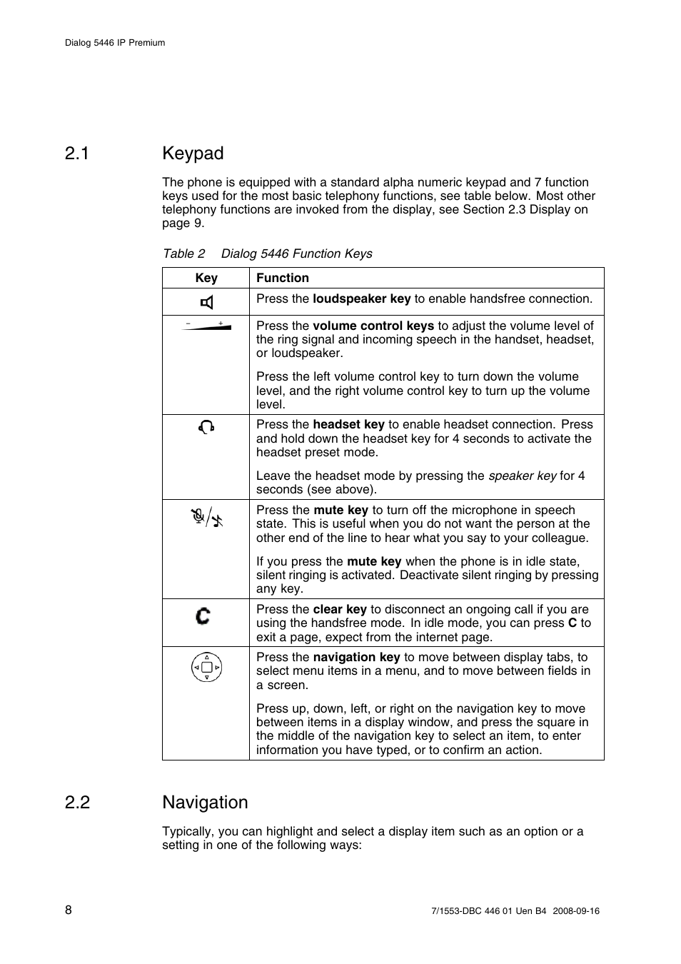 1 keypad, 2 navigation, Keypad | Navigation | AASTRA 7446ip (5446ip) for MD Evolution User Guide EN User Manual | Page 14 / 106