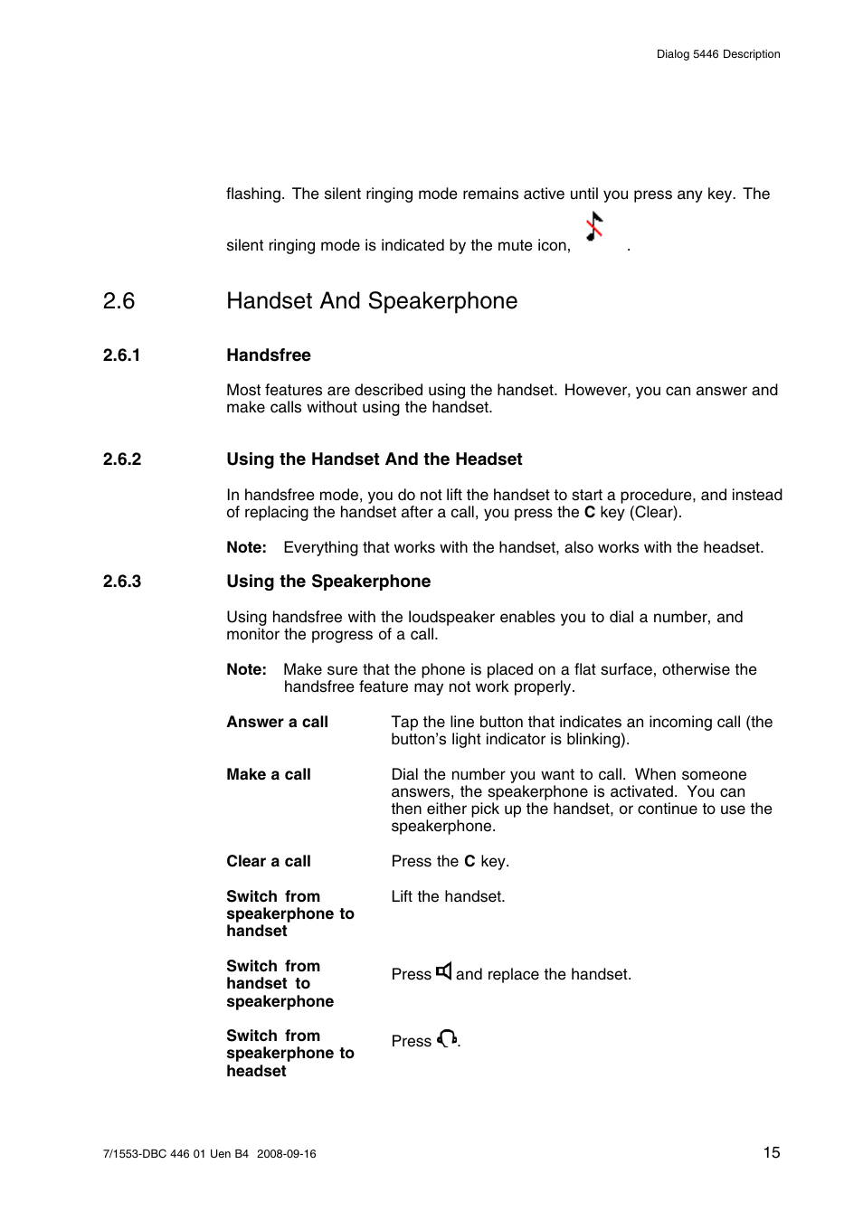 6 handset and speakerphone, 1 handsfree, 2 using the handset and the headset | 3 using the speakerphone, Handset and speakerphone | AASTRA 7446ip (5446ip) for MD Evolution User Guide EN User Manual | Page 21 / 106