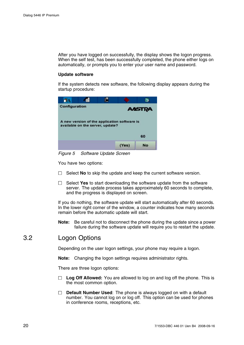 2 logon options, Logon options | AASTRA 7446ip (5446ip) for MD Evolution User Guide EN User Manual | Page 26 / 106