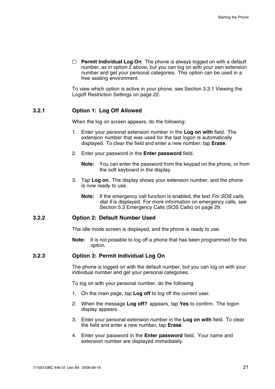 1 option 1: log off allowed, 2 option 2: default number used, 3 option 3: permit individual log on | AASTRA 7446ip (5446ip) for MD Evolution User Guide EN User Manual | Page 27 / 106
