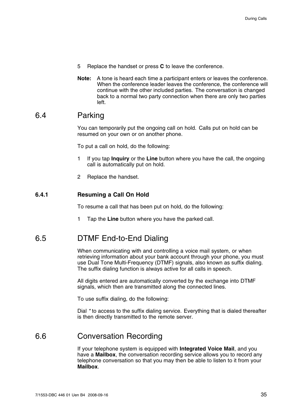 4 parking, 1 resuming a call on hold, 5 dtmf end-to-end dialing | 6 conversation recording, Parking, Dtmf end-to-end dialing, Conversation recording | AASTRA 7446ip (5446ip) for MD Evolution User Guide EN User Manual | Page 41 / 106